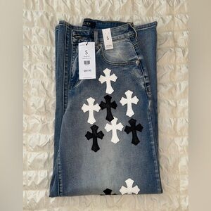 AKIRA Blue Straight Leg Jeans with Decorative Embellishments
